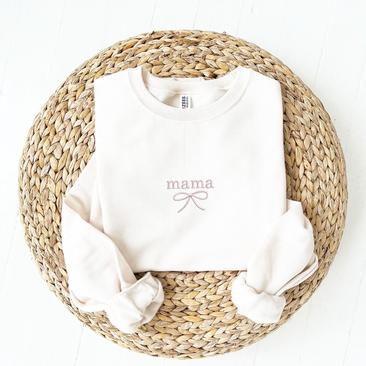 sweet cream crewneck with custom name/dainty bow embroidered design on the center chest