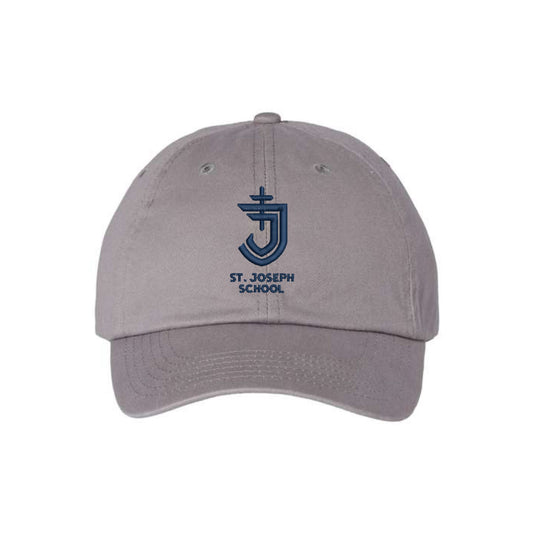 gray baseball hat with custom embroidered st. joseph school logo in navy
