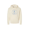 Natural hoodie with blue logo and text on a white background
