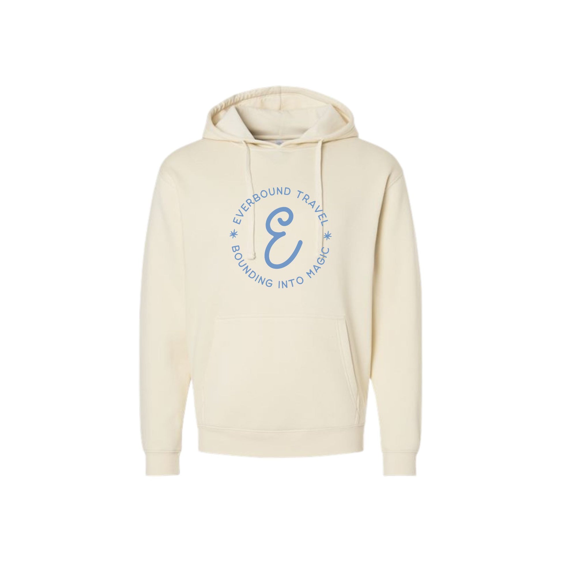 Natural hoodie with blue logo and text on a white background