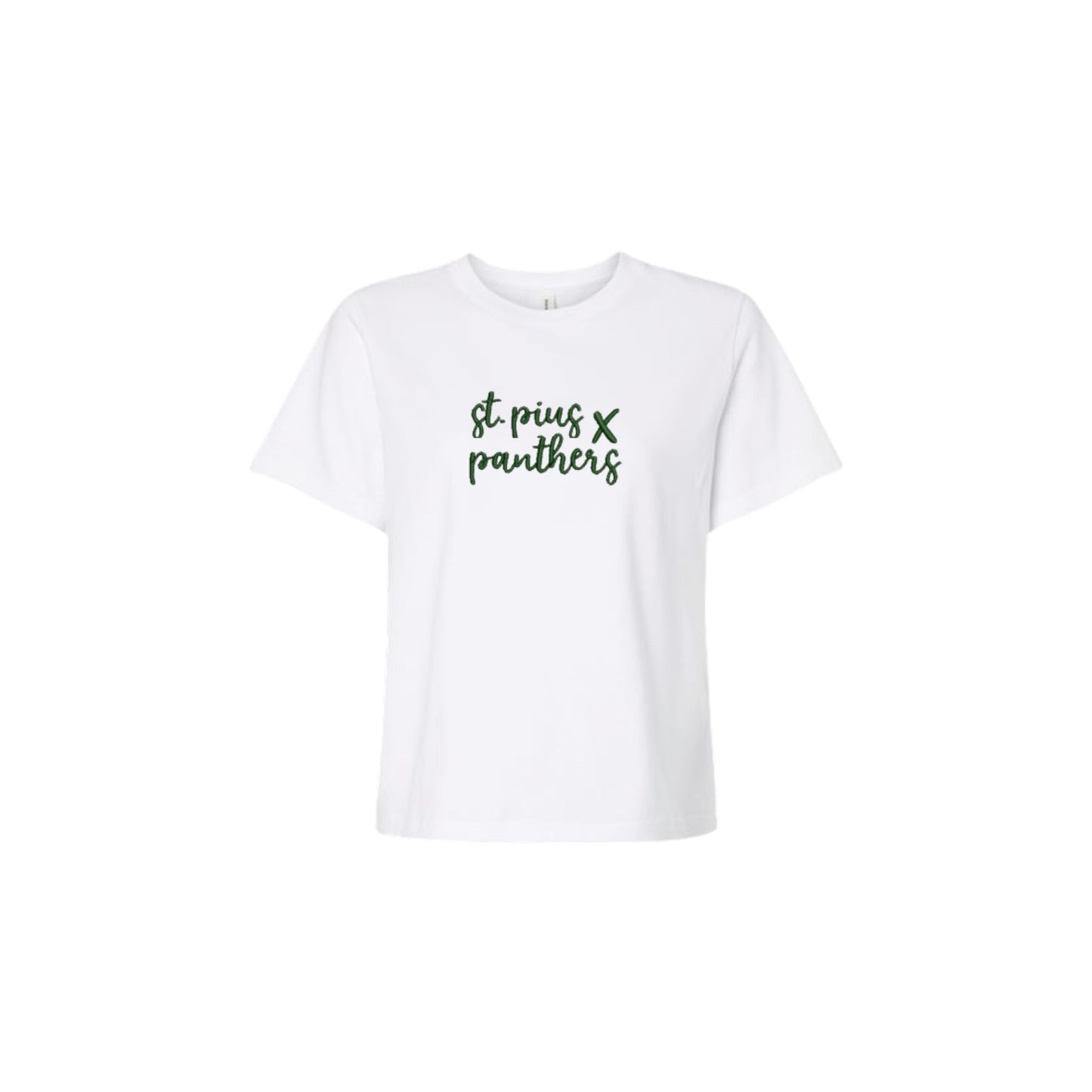 White t-shirt with 'st pius x panthers' text on a white background