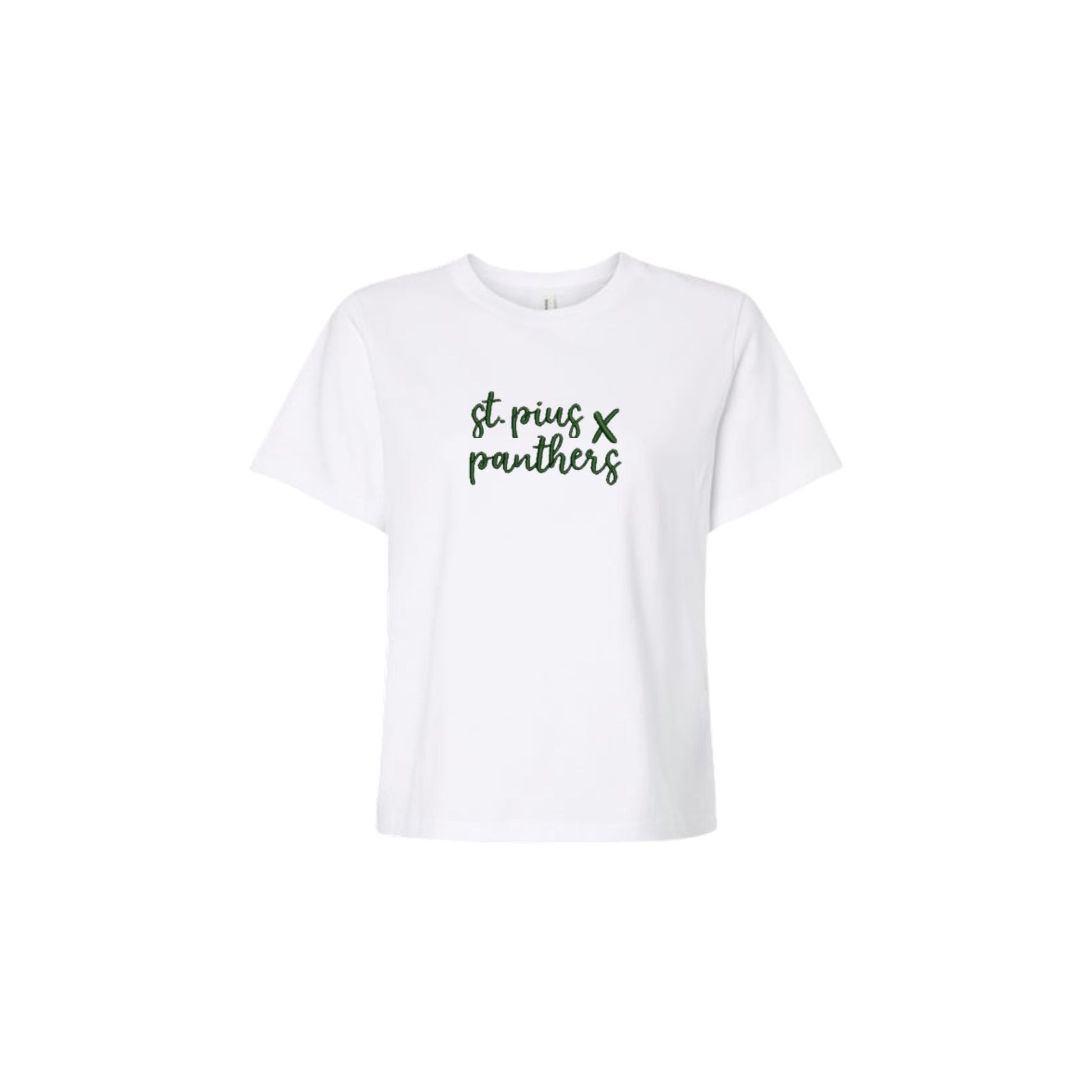 White t-shirt with 'st pius x panthers' text on a white background