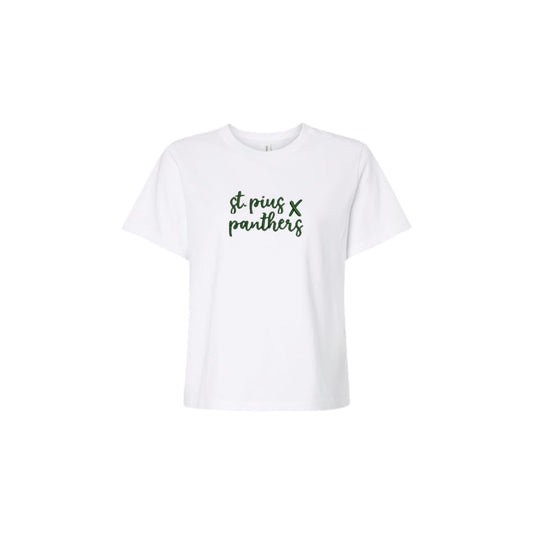 White t-shirt with 'st pius x panthers' text on a white background