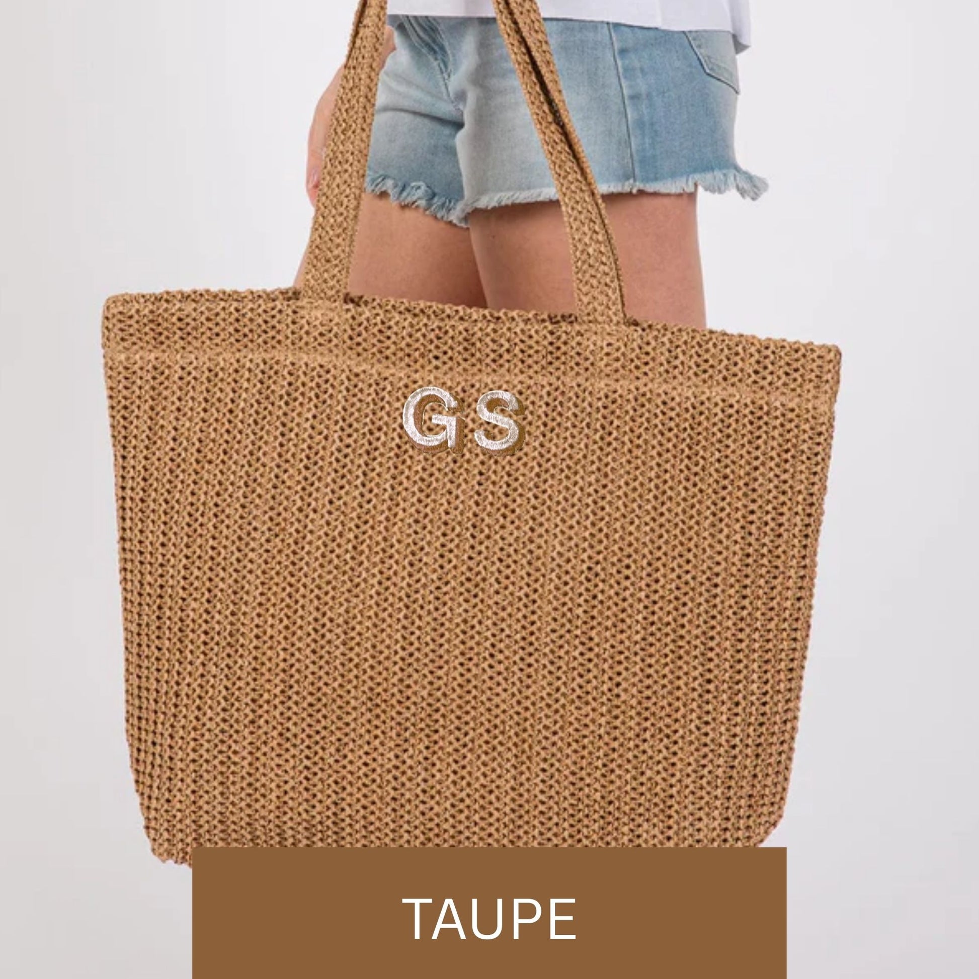 taupe crochet tote bag with custom two-tone letter embroidery