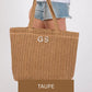 taupe crochet tote bag with custom two-tone letter embroidery