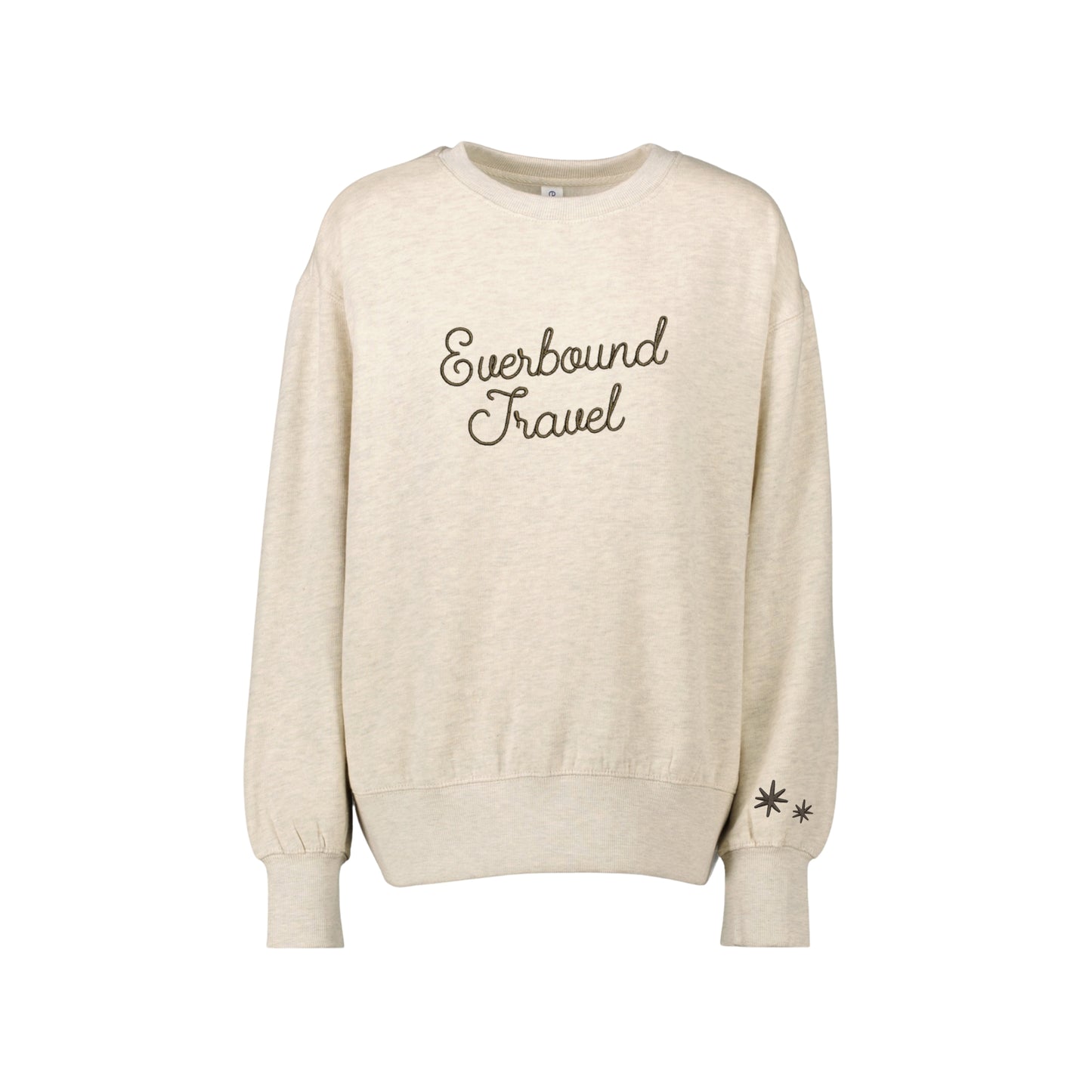 oatmeal heather boxy crew with everbound travel embroidery in java thread with stars on the sleeve
