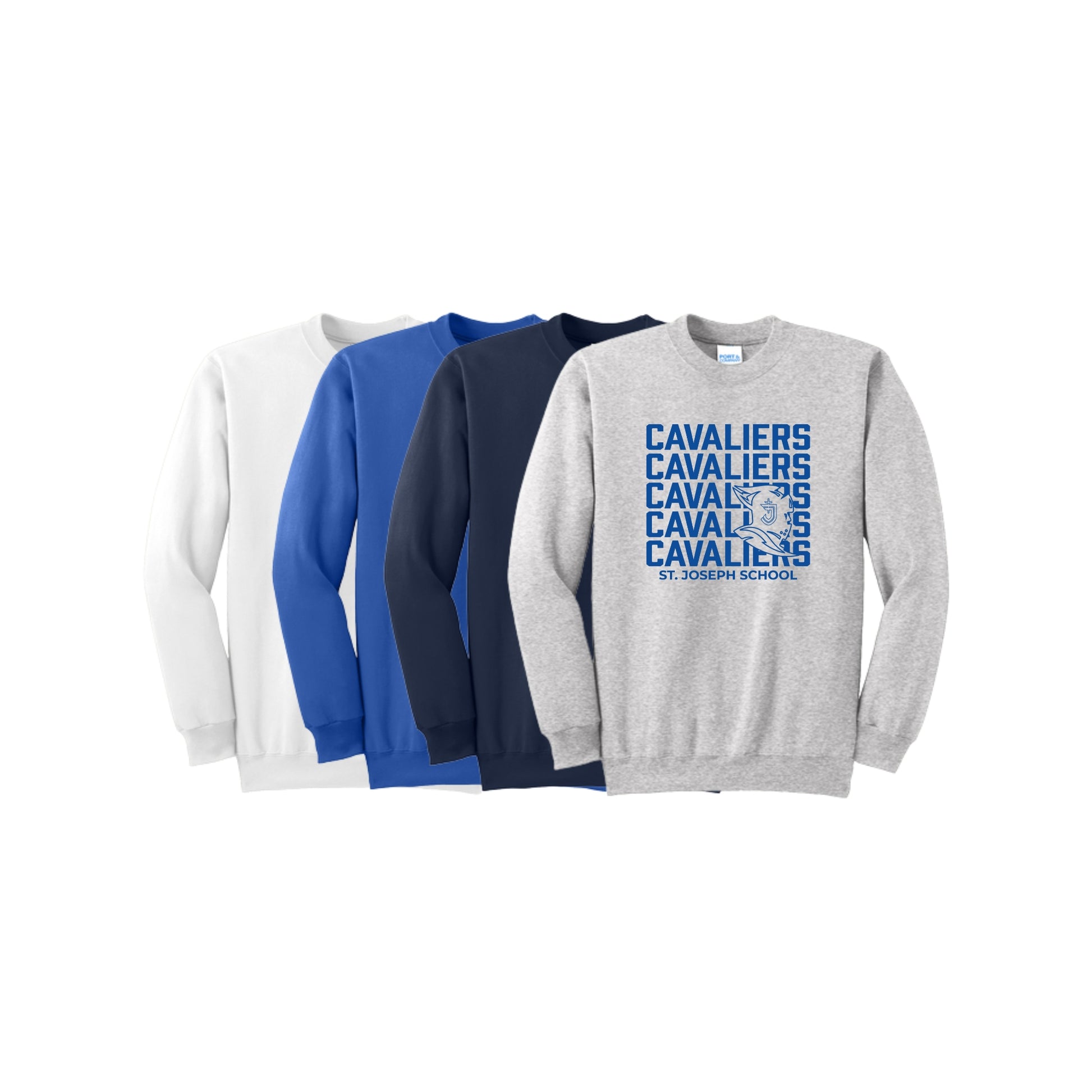 Four long-sleeve shirts in white, blue, navy, and gray with 'Cavaliers' text design.