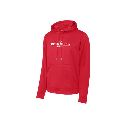 red hoodie with white calvary christian school print across the center chest