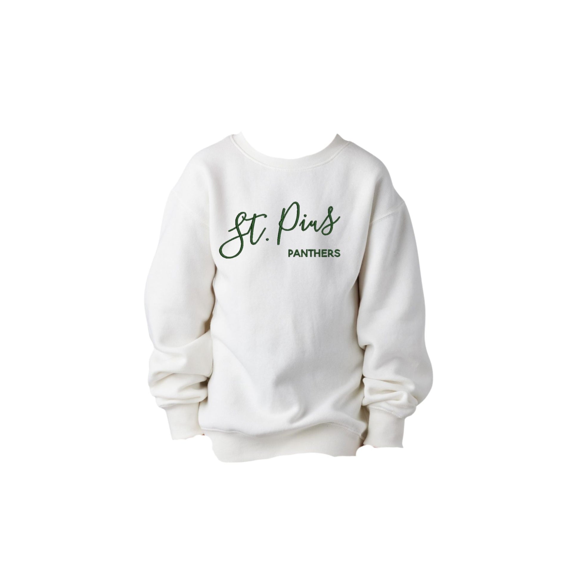 White sweatshirt with 'St. Pins Panthers' text on a white background