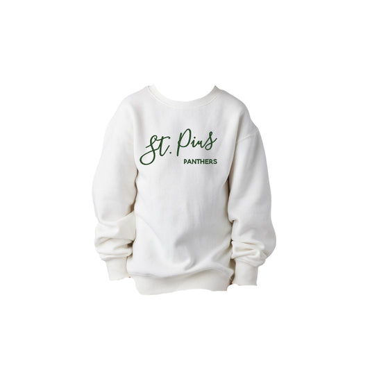 White sweatshirt with 'St. Pins Panthers' text on a white background