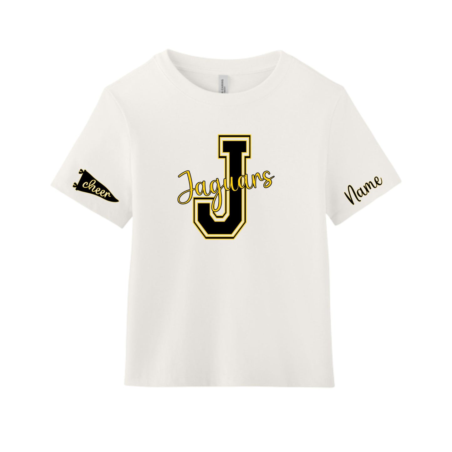An off-white short-sleeve t-shirt with a black and gold 'Jaguars' graphic on the chest, a black and gold 'Cheer' pennant on the right sleeve, and 'Name' printed in black on the left sleeve.