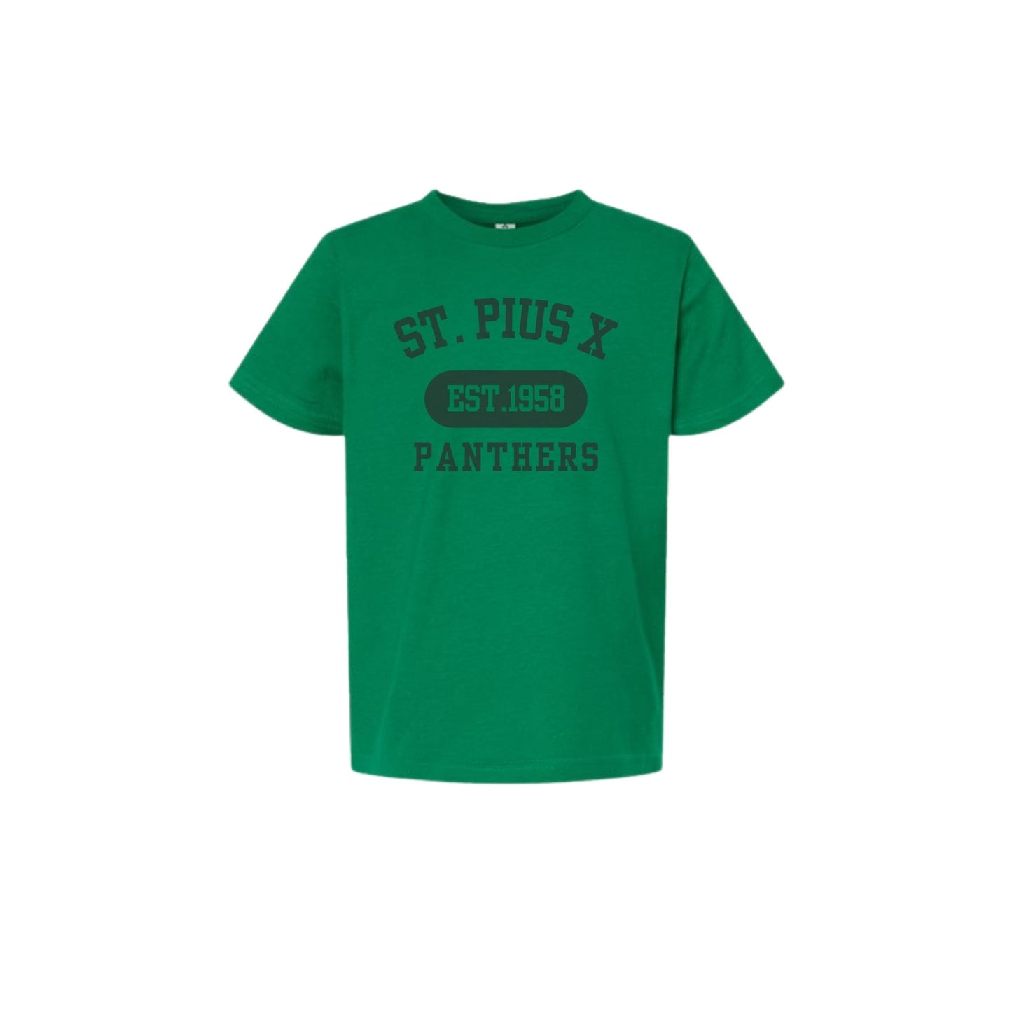 Green t-shirt with 'St. Pius X Panthers' text on a white background