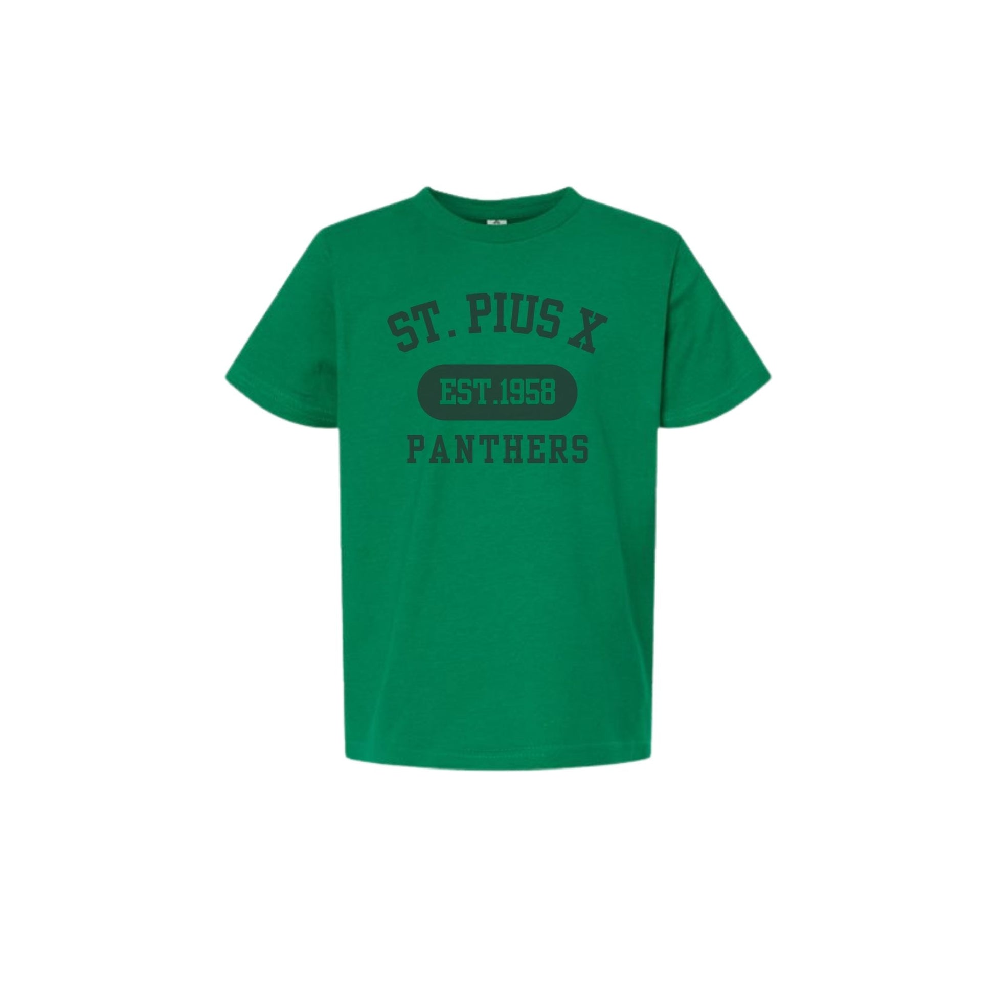 Green t-shirt with 'St. Pius X Panthers' text on a white background