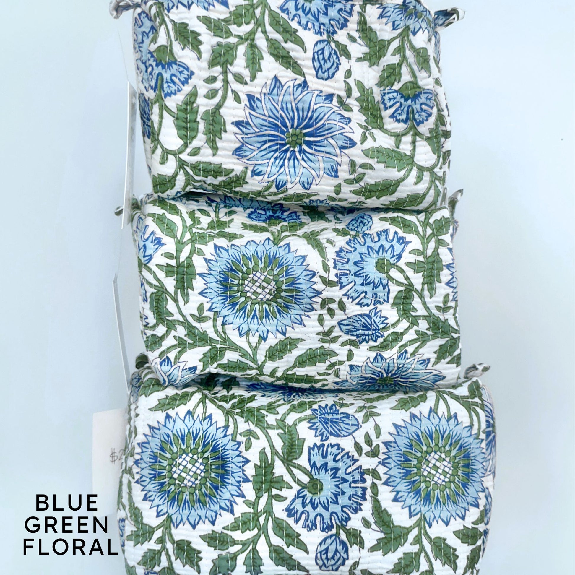Set of three quilted pouches with blue and green floral pattern on a light blue background