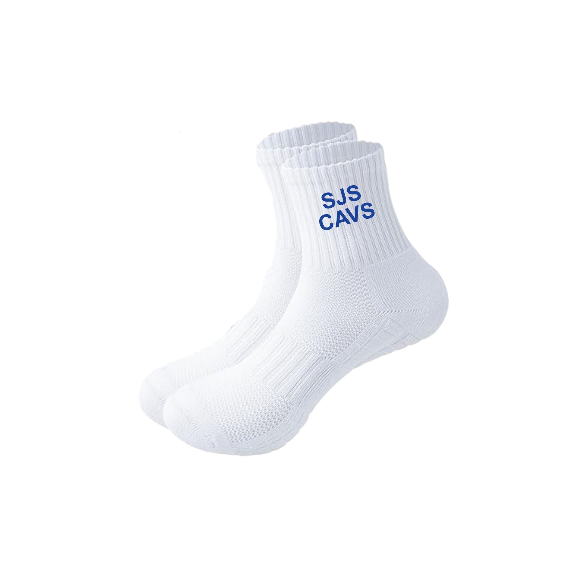White socks with 'SJS CAVS' text on a white background