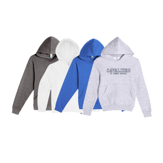 Four hoodies in gray, white, blue, and gray with 'Cavaliers St. Joseph School' text on a white background.