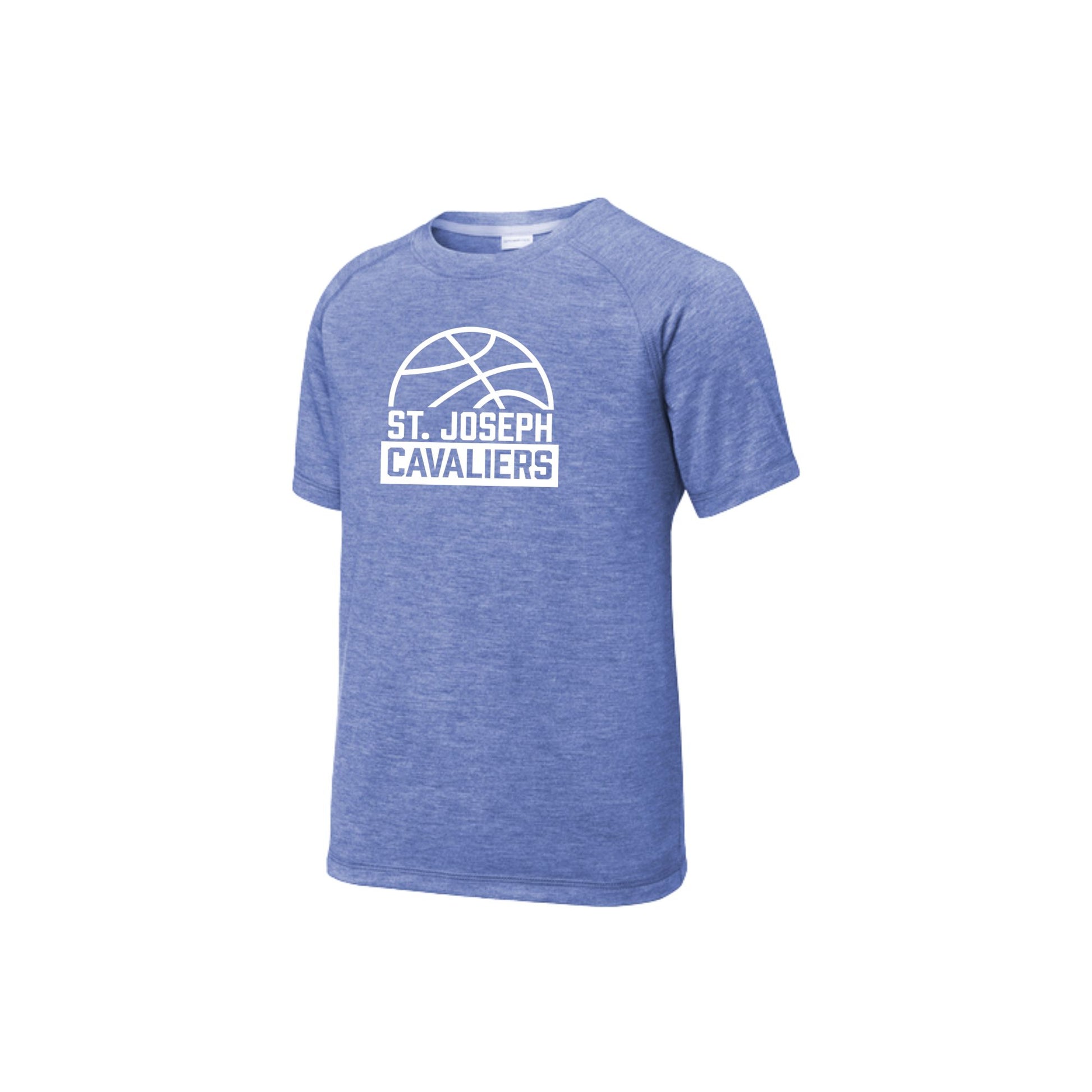 heather royal Blue performance t-shirt with 'St. Joseph Cavaliers' basketball design in white ink printed on the front center chest