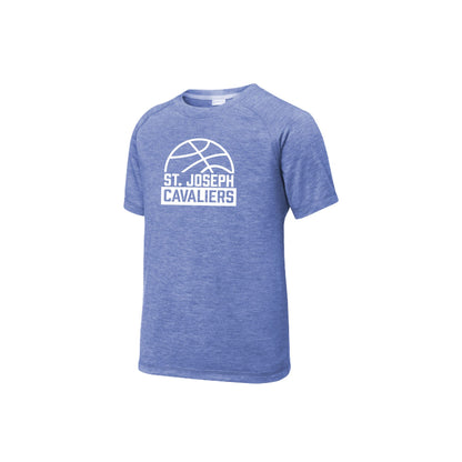 heather royal Blue performance t-shirt with 'St. Joseph Cavaliers' basketball design in white ink printed on the front center chest