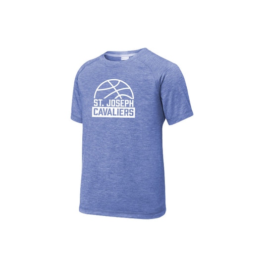 heather royal Blue performance t-shirt with 'St. Joseph Cavaliers' basketball design in white ink printed on the front center chest
