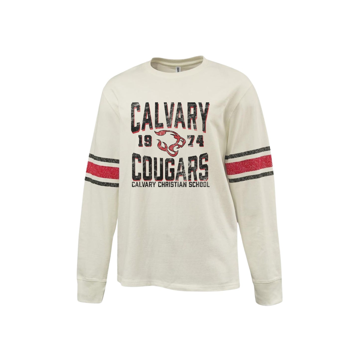 Printed Distressed Calvary Christian Cougars 1974 Adult Archive Crewneck  | CCSDTG12