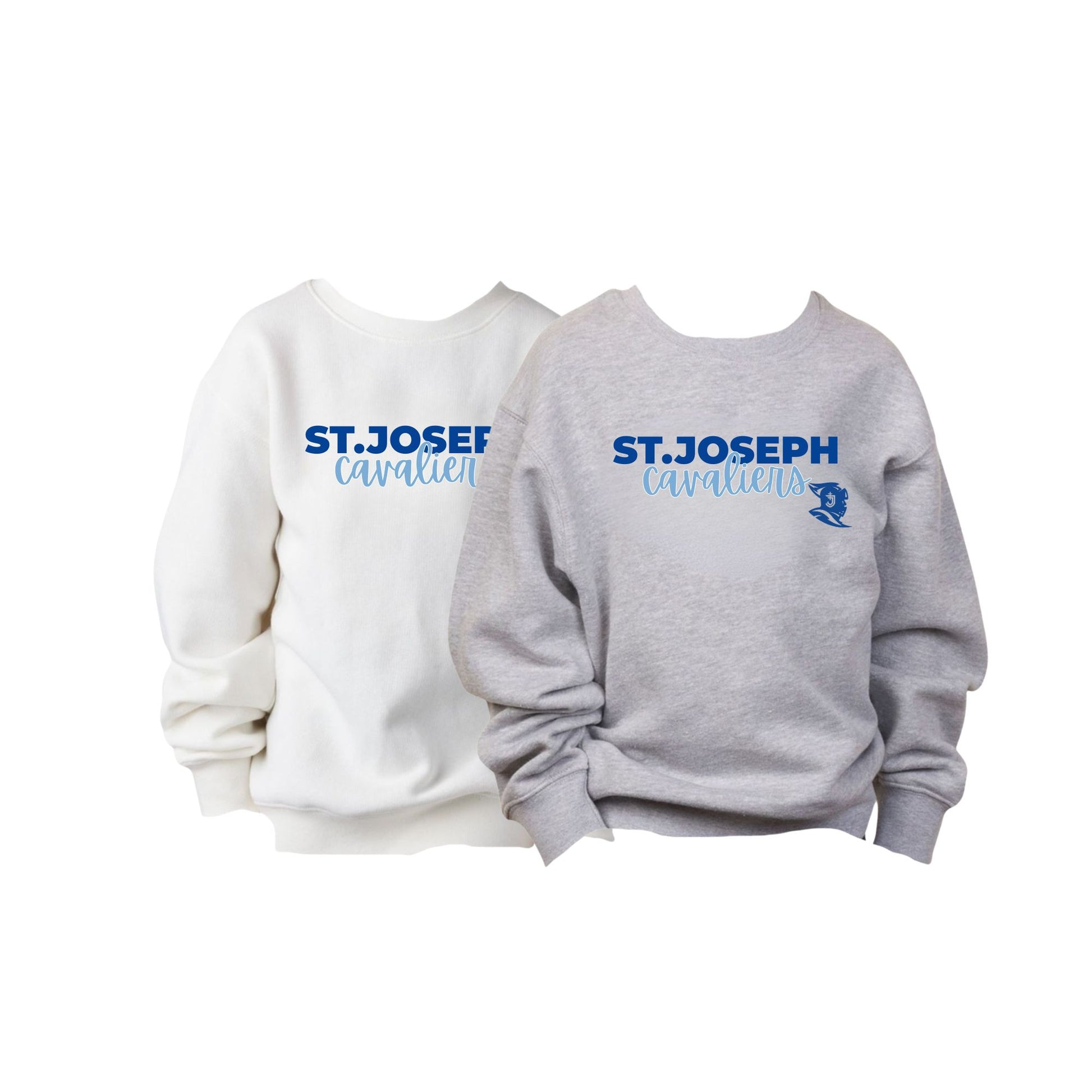 Two sweatshirts, one white and one gray, with 'St. Joseph Cavaliers' text on a white background.