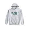 A light gray pullover hoodie with 'ST. PIUS X PANTHERS' printed in dark green on the chest, displayed against a solid white background.