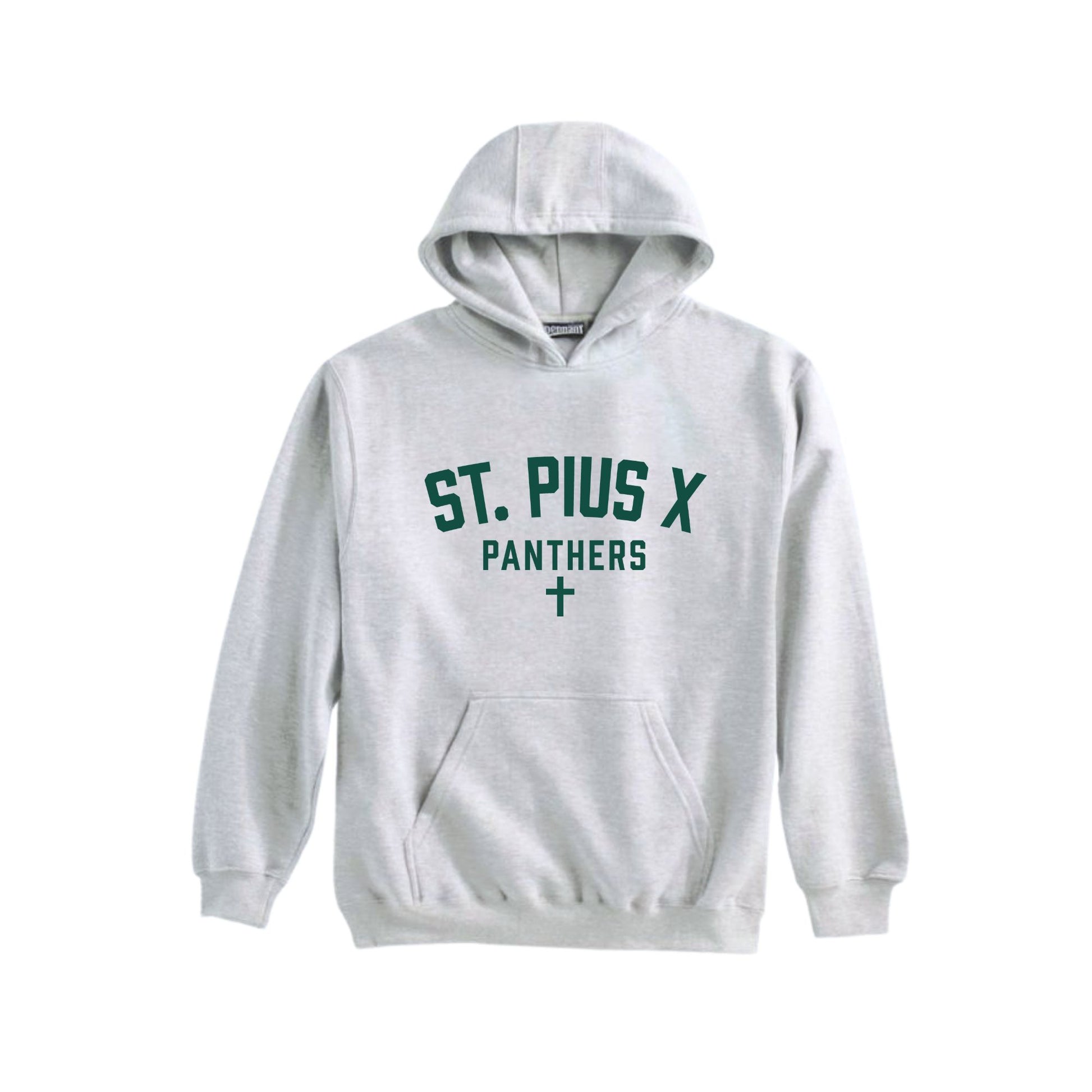 A light gray pullover hoodie with 'ST. PIUS X PANTHERS' printed in dark green on the chest, displayed against a solid white background.