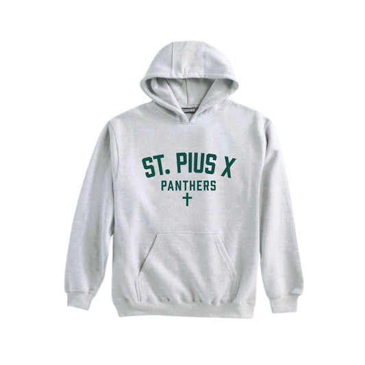 A light gray pullover hoodie with 'ST. PIUS X PANTHERS' printed in dark green on the chest, displayed against a solid white background.