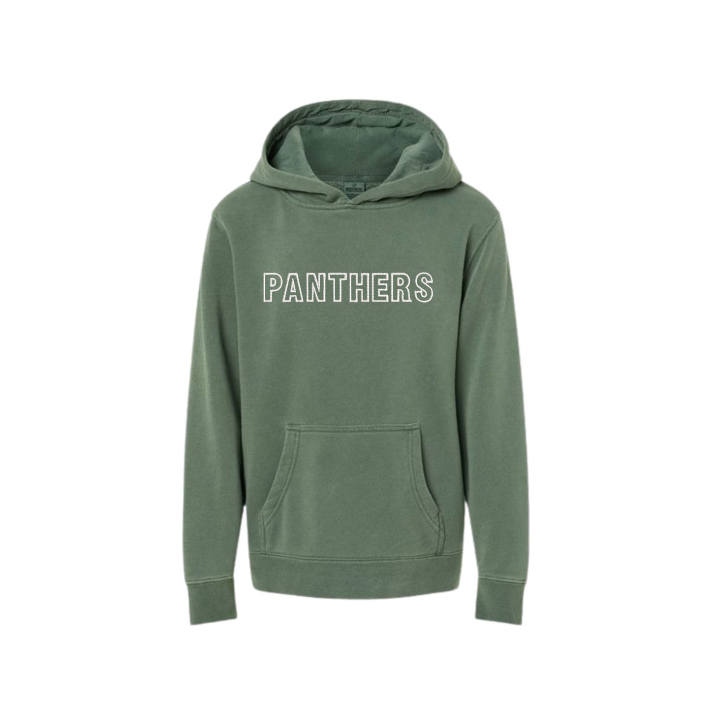 Green hoodie with 'PANTHERS' text on a white background
