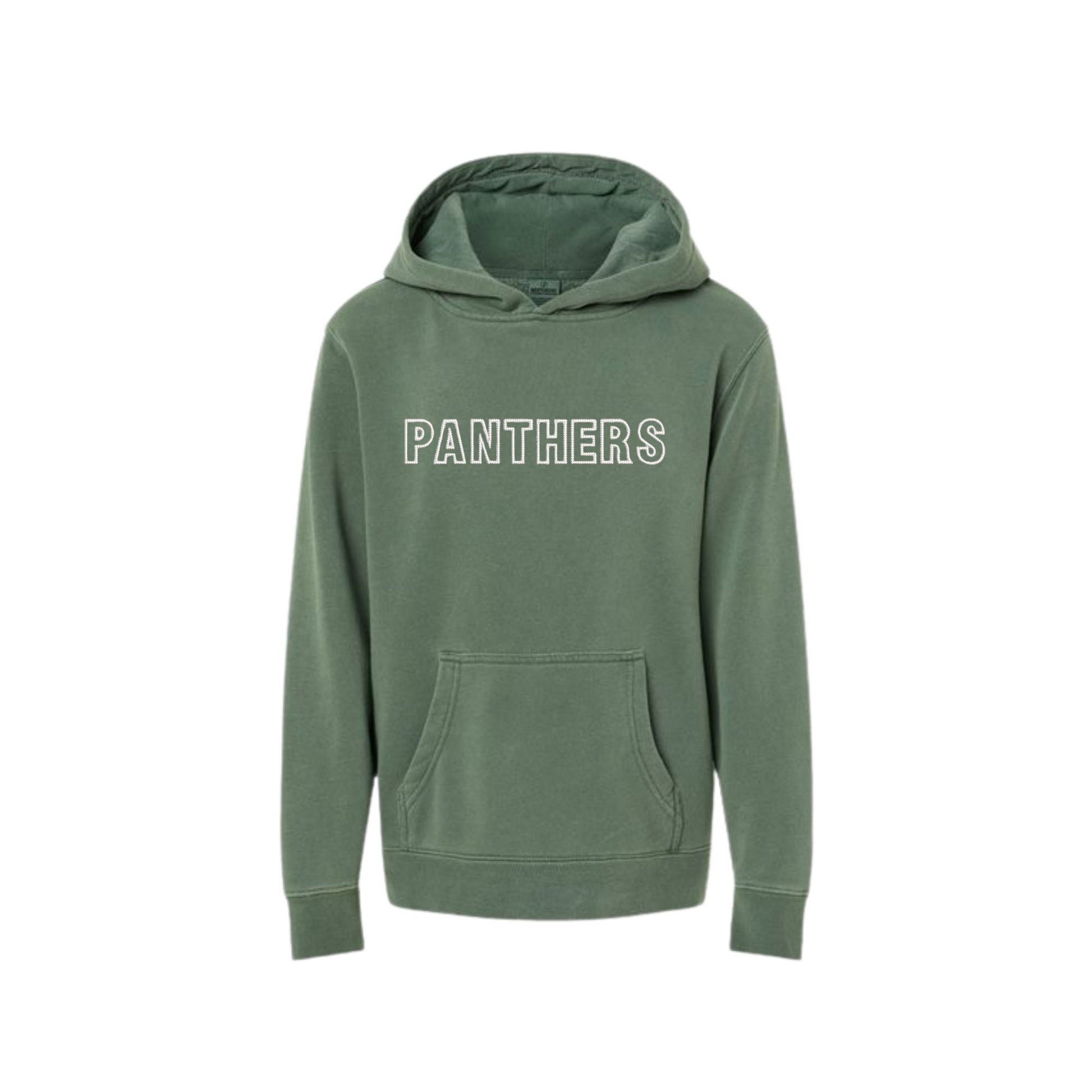 Green hoodie with 'PANTHERS' text on a white background