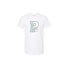 White t-shirt with a logo on a white background