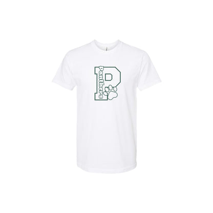 White t-shirt with a logo on a white background