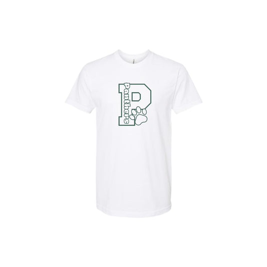 White t-shirt with a logo on a white background