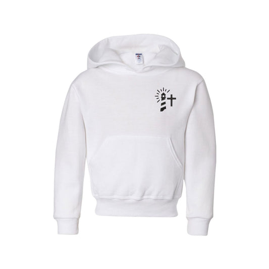 white hooded sweatshirt with embroidered cross and lighthouse design