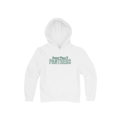 White hoodie with 'Saint Pius X Panthers' embroidered design on the center chest in hunter green thread
