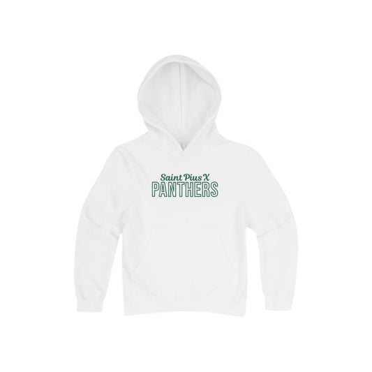 White hoodie with 'Saint Pius X Panthers' embroidered design on the center chest in hunter green thread