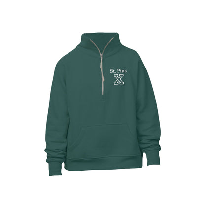 Green boxy quarter zip with embroidered 'St. Pius X' logo on a white background