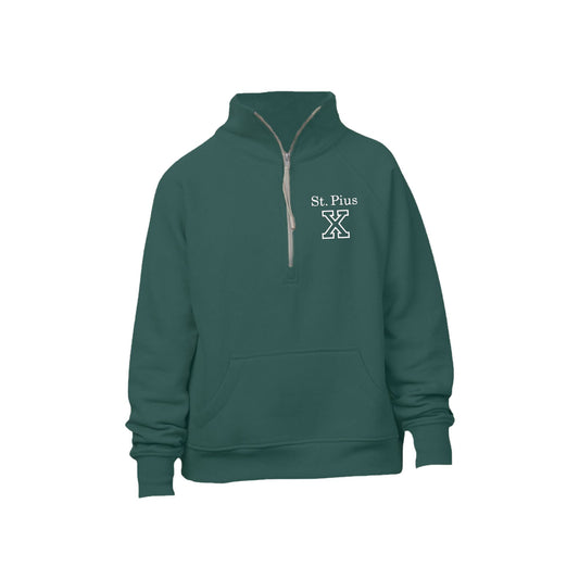 Green boxy quarter zip with embroidered 'St. Pius X' logo on a white background