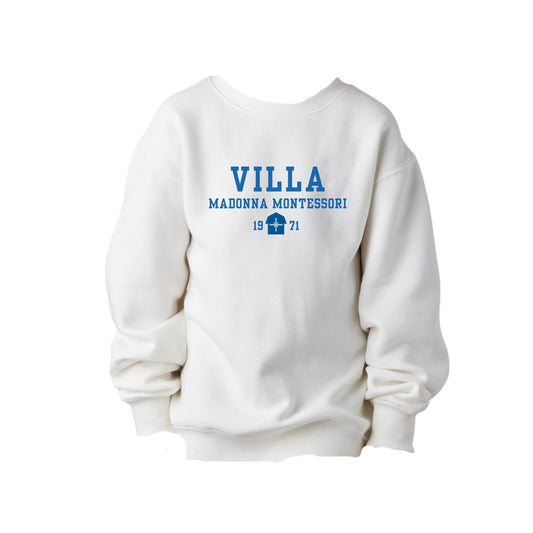 White sweatshirt with 'Villa Madonna Montessori' text on a white background