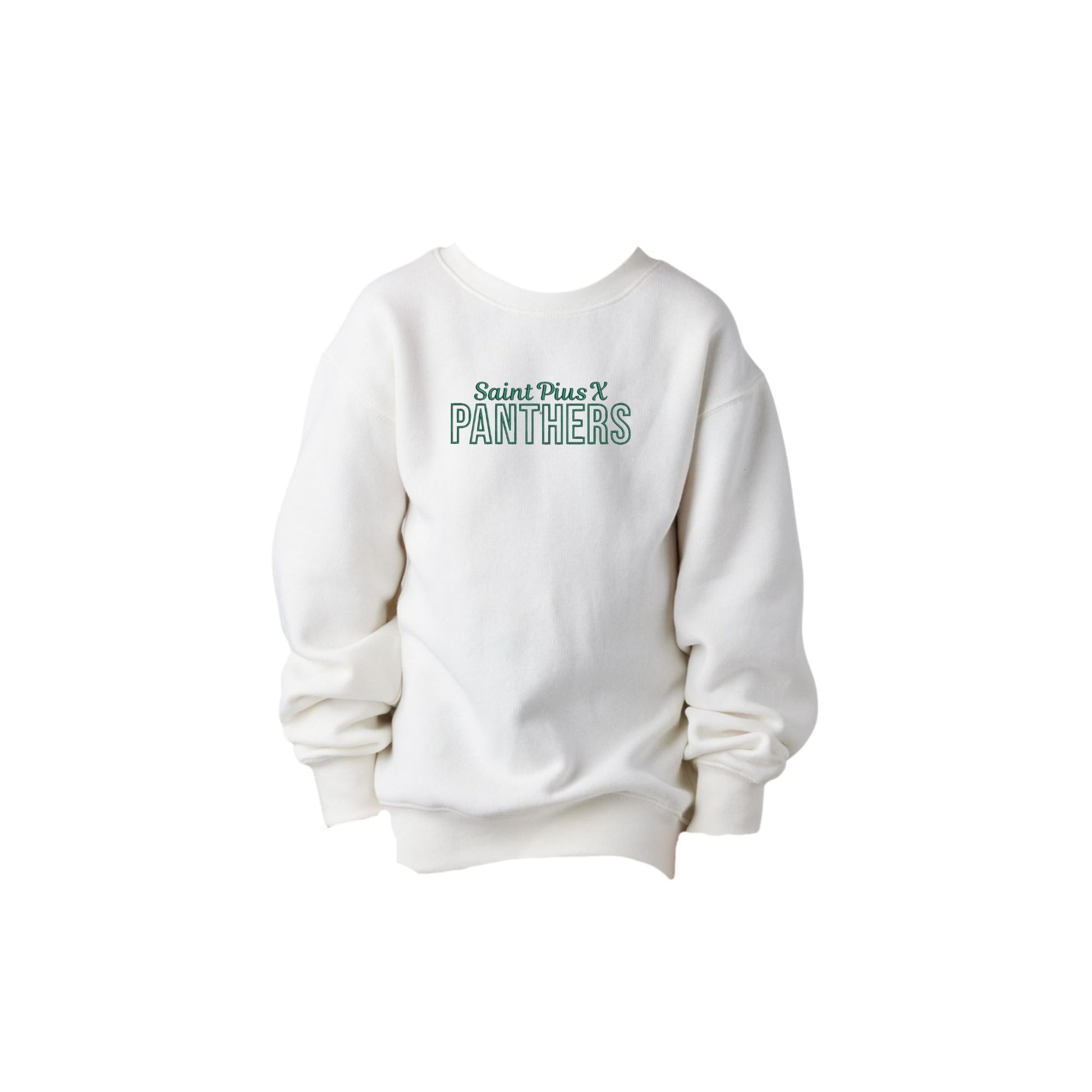 White sweatshirt with 'Saint Pius X Panthers' embroidered design on the center chest in green thread