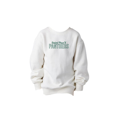 White sweatshirt with 'Saint Pius X Panthers' embroidered design on the center chest in green thread