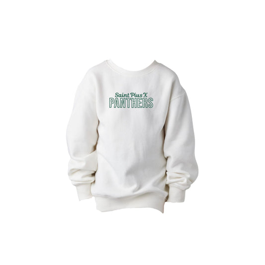 White sweatshirt with 'Saint Pius X Panthers' embroidered design on the center chest in green thread