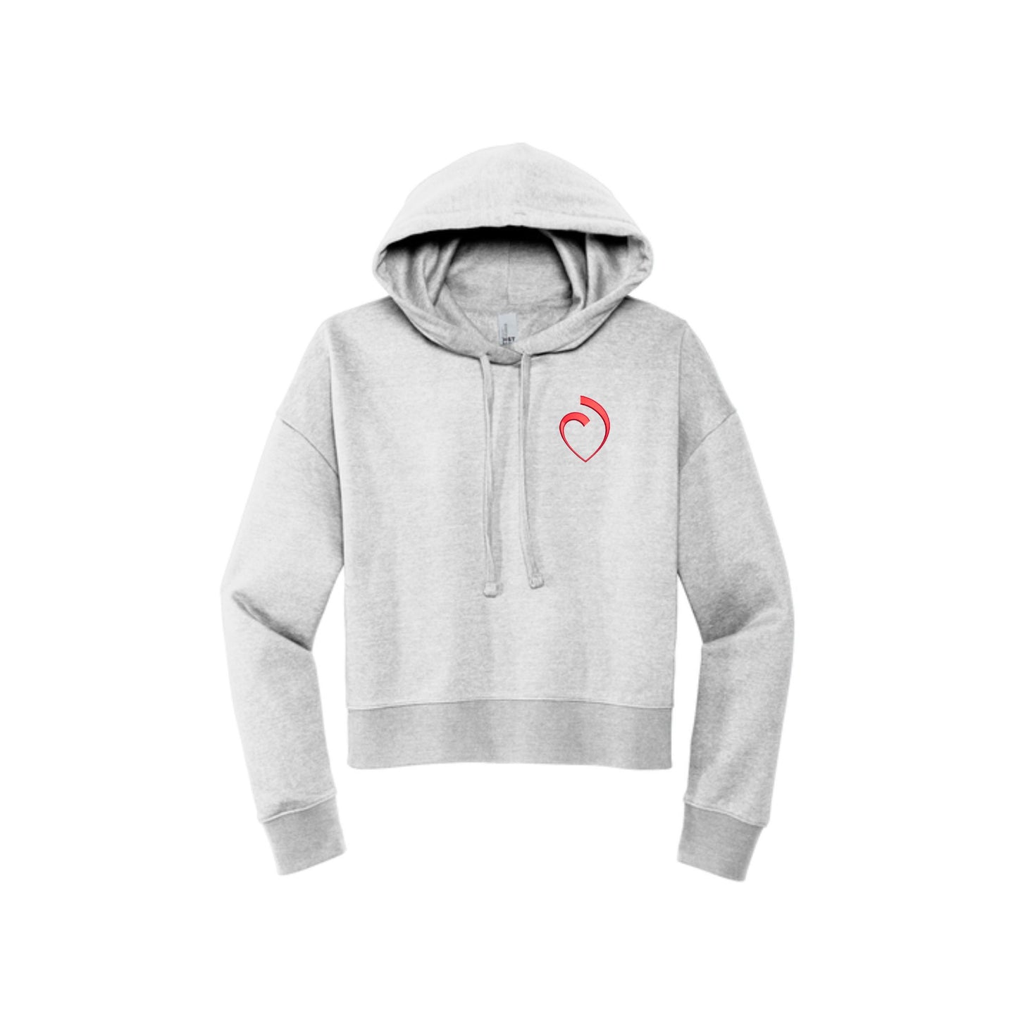 light heather grey cropped women's hoodie with custom embroidered sacred heart logo in red thread on the left chest