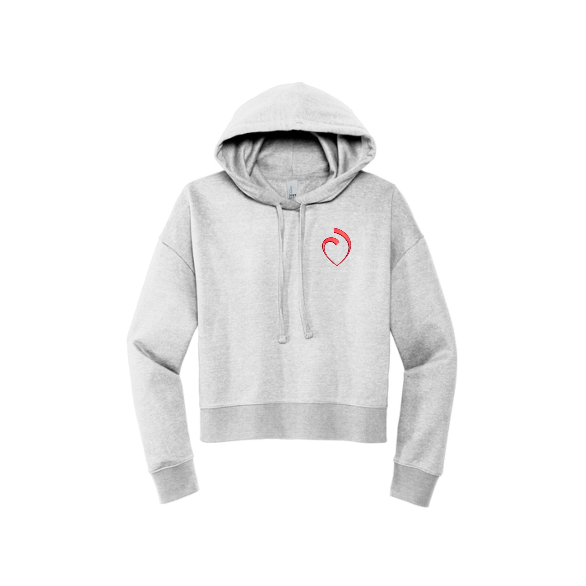 light heather grey cropped women's hoodie with custom embroidered sacred heart logo in red thread on the left chest
