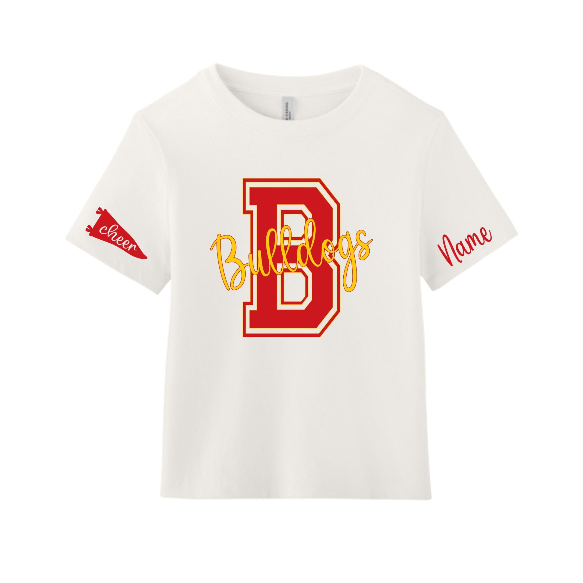 An off-white short-sleeve t-shirt with a red and yellow graphic design. The front features a large red block letter 'B' outlined in yellow, with 'Bulldogs' written across it in yellow cursive.