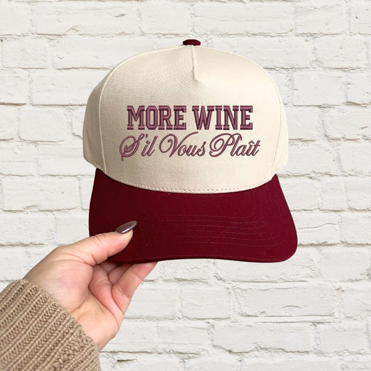 More Wine S'il Vous Plait Two-Toned Embroidered Trucker Hat