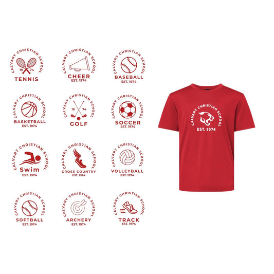 red short sleeve performance t-shirt with custom ccs sport logo design options