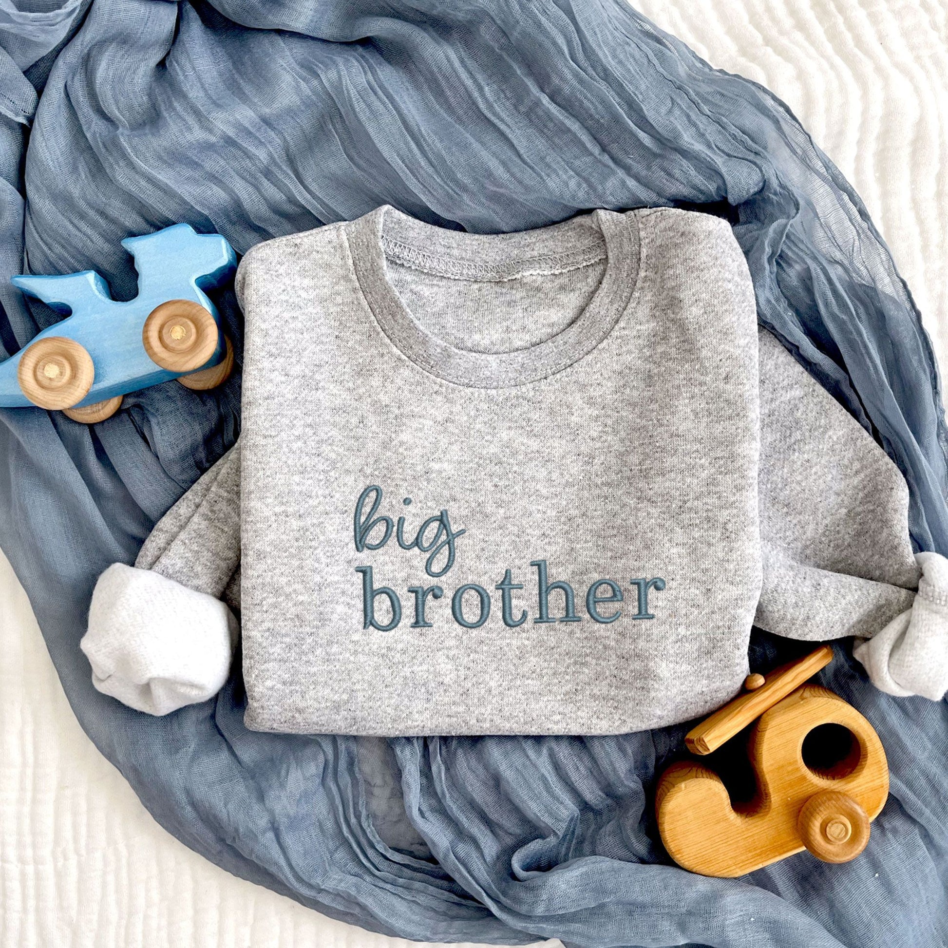 heather toddler crewneck with custom big brother mixed font embroidered sweatshirt