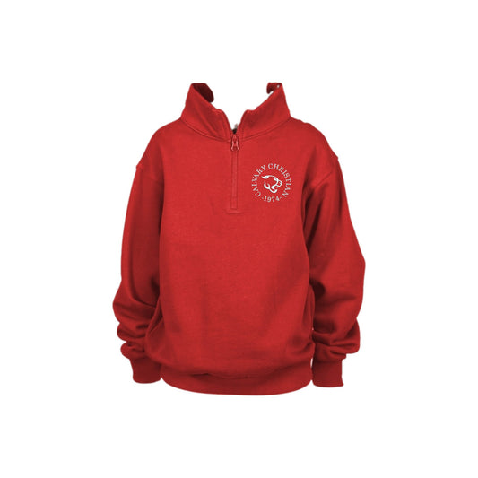 red youth quarter zip with custom round ccs embroidered logo in white thread on the left chest