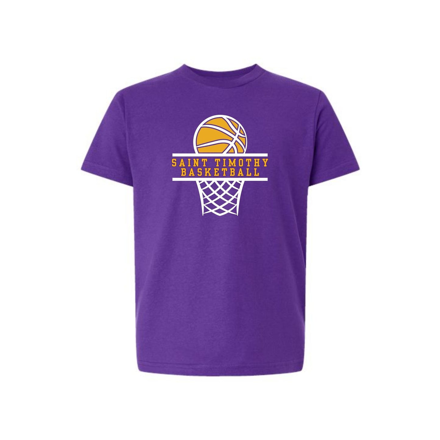 Purple t-shirt with basketball graphic and 'Saint Timothy Basketball' text on a white background